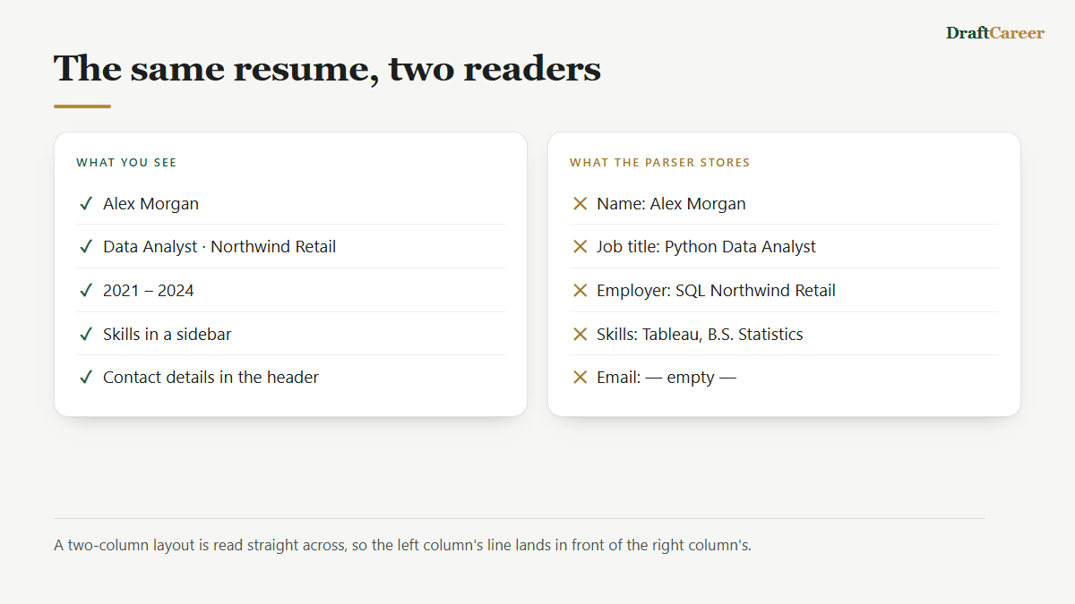 Side-by-side comparison showing a two-column resume as a person sees it, and the garbled fields an ATS parser stores from it
