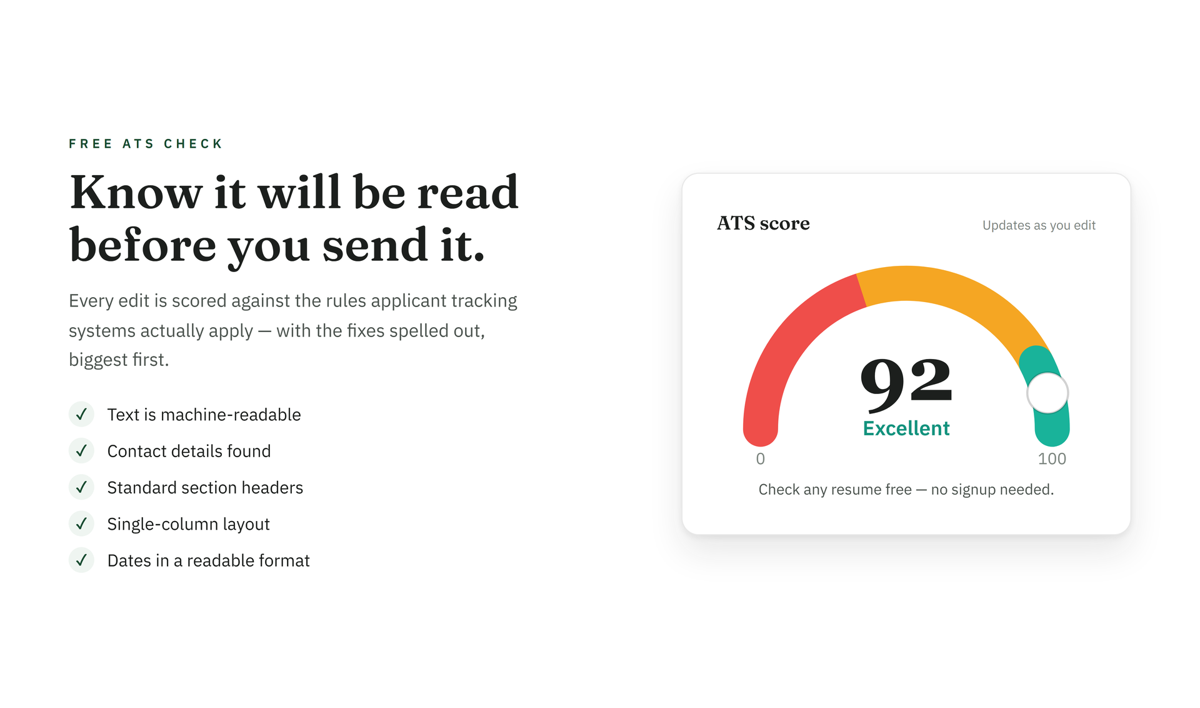 The DraftCareer ATS checker showing a score with the specific issues it found listed underneath