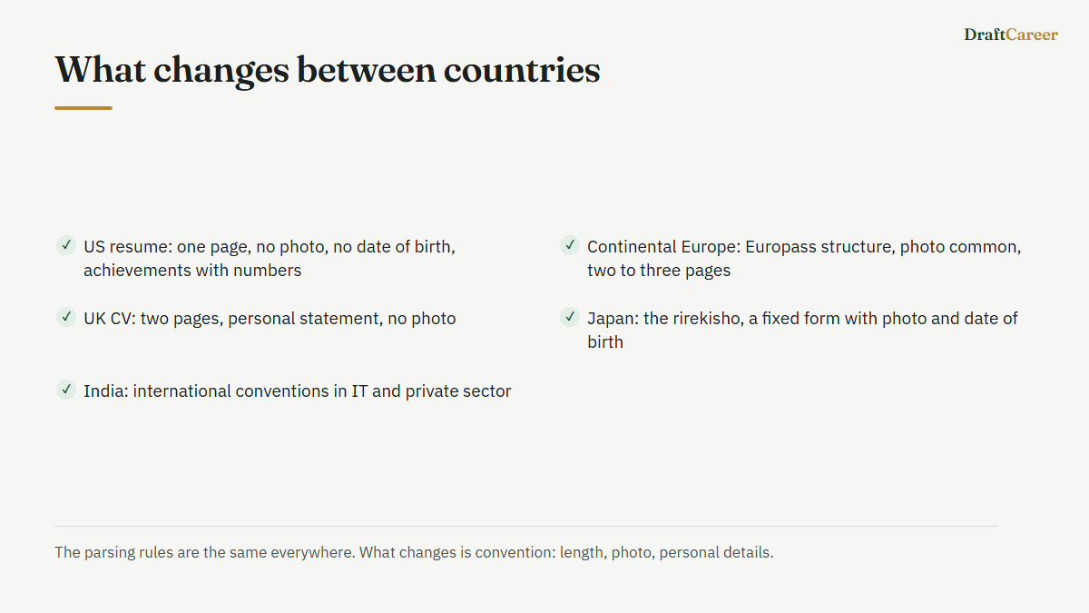 What changes between countries: US resume length, Europass structure, the UK CV, Japan's rirekisho form, and Indian conventions