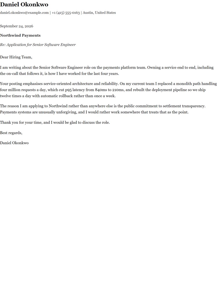 Quartz cover letter template, shown as a finished letter for a senior software engineer application