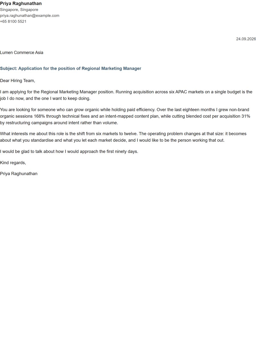 Sapphire cover letter template, shown as a finished letter for a regional marketing manager application