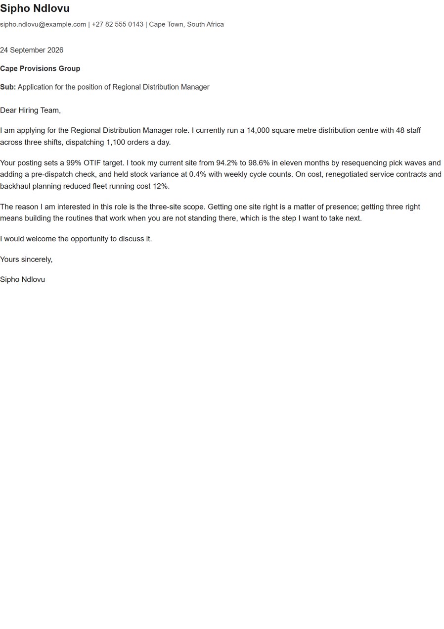 Spinel cover letter template, shown as a finished letter for a regional distribution manager application