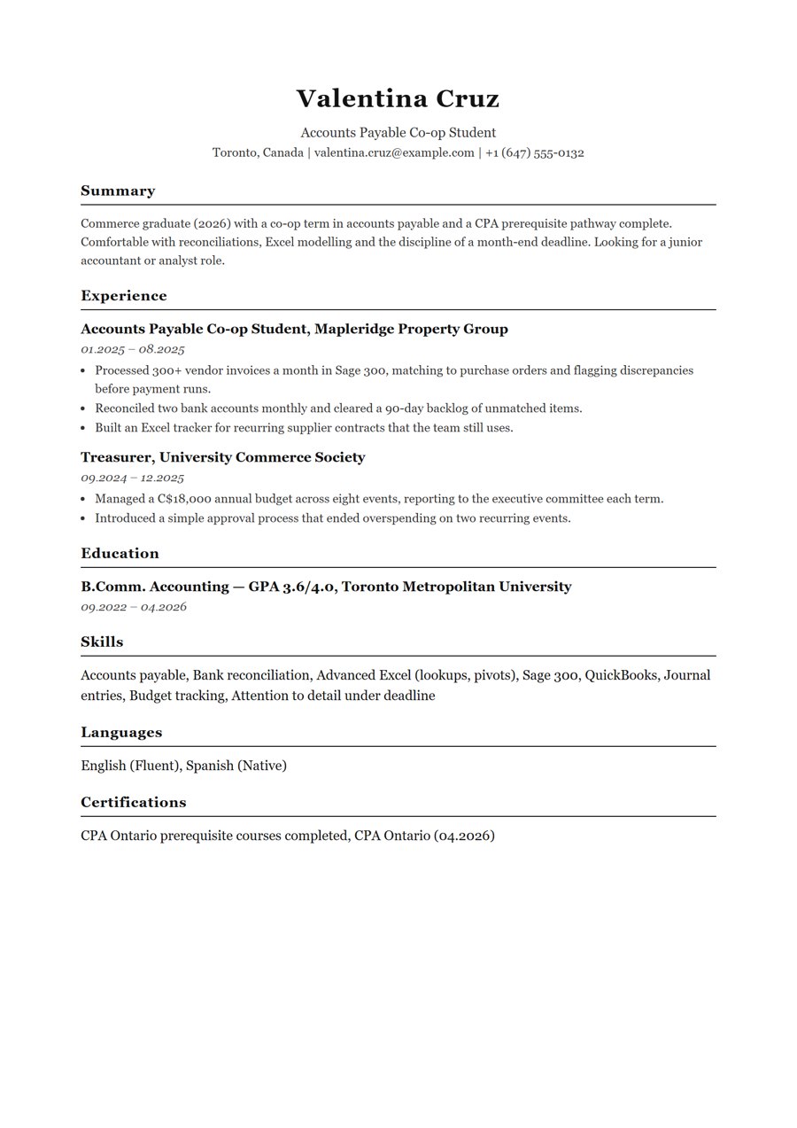 One-page fresher resume example for accounting & finance (b.comm.) in the Quartz template