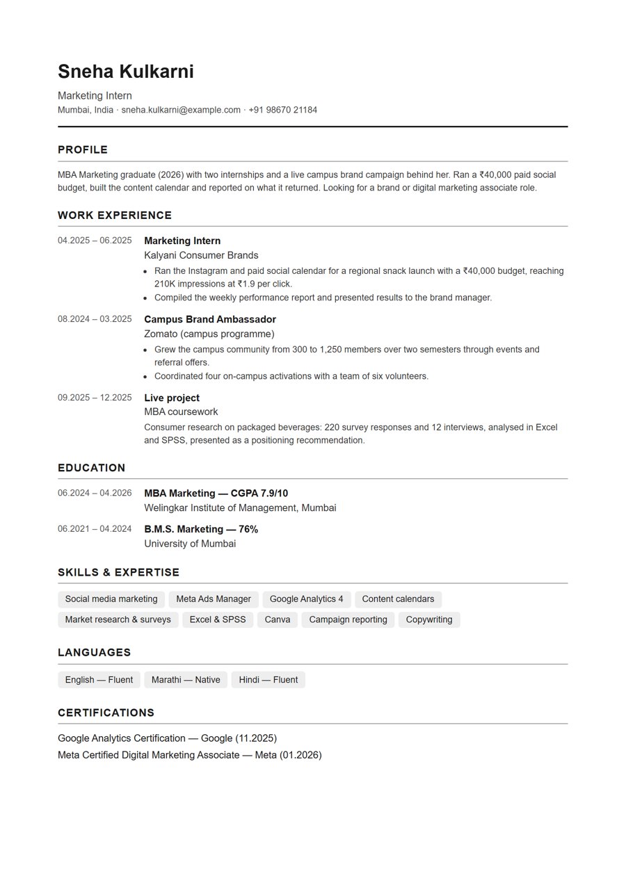 One-page fresher resume example for marketing (mba) in the Pearl template
