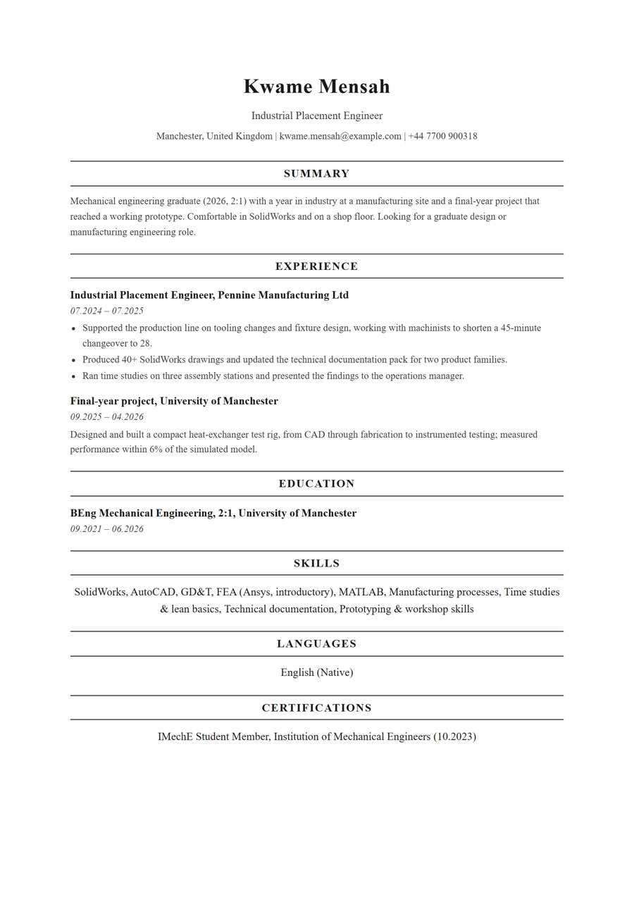 One-page fresher resume example for mechanical engineering (beng) in the Moonstone template