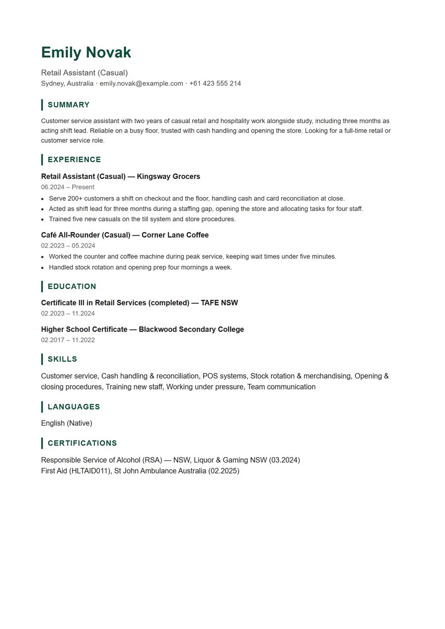 One-page fresher resume example for retail & customer service (no degree) in the Ivory template