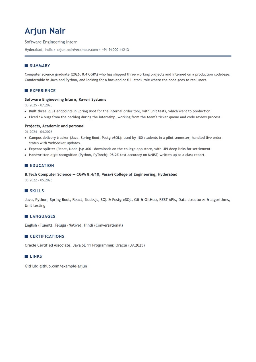 One-page fresher resume example for software engineer (b.tech cse) in the Opal template