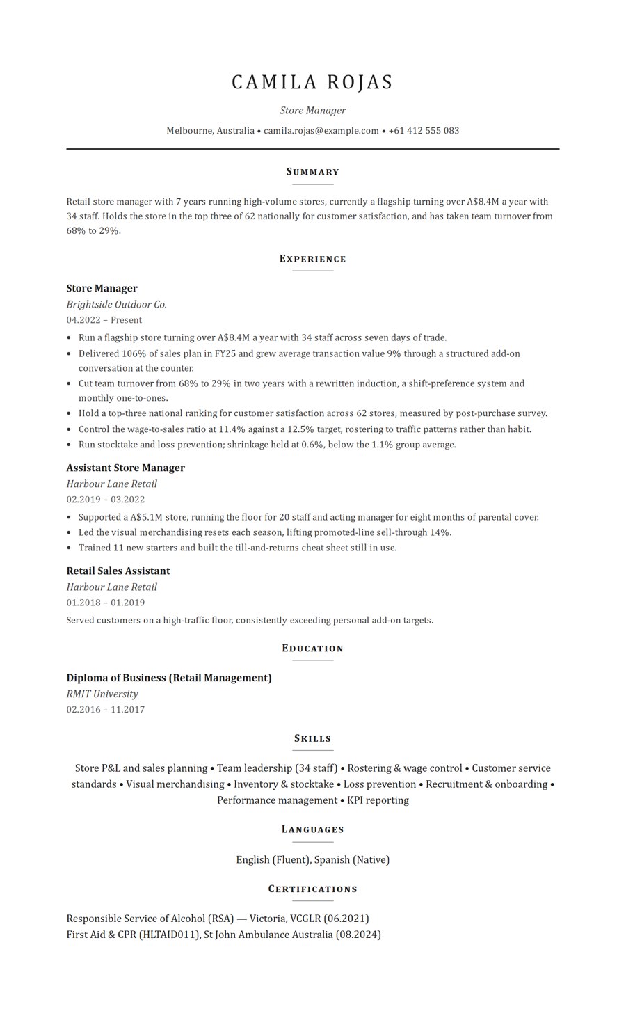 Retail Store Manager resume example