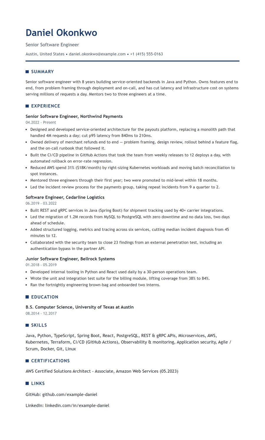 Software Engineer resume example
