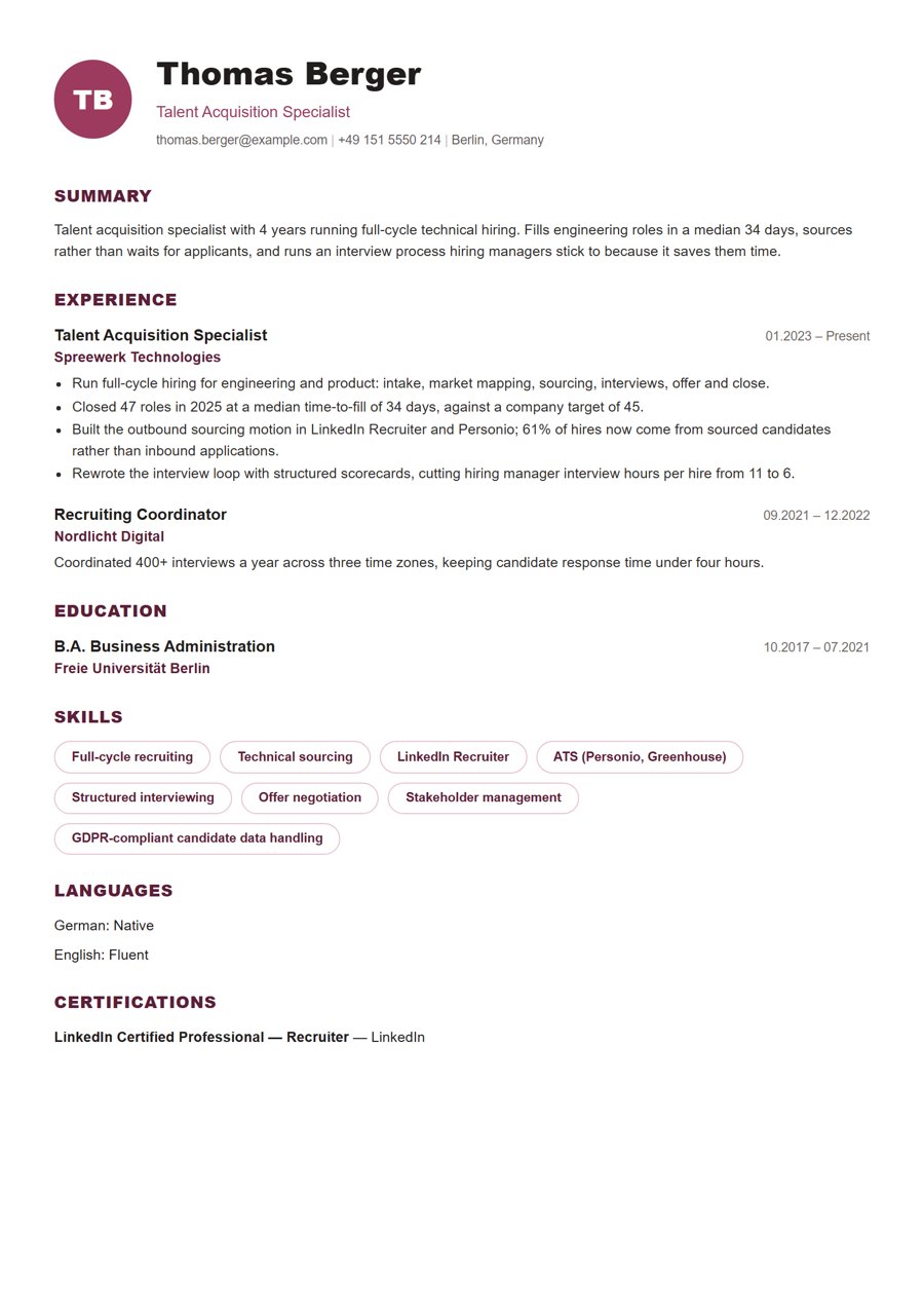 Talent Acquisition Specialist resume example